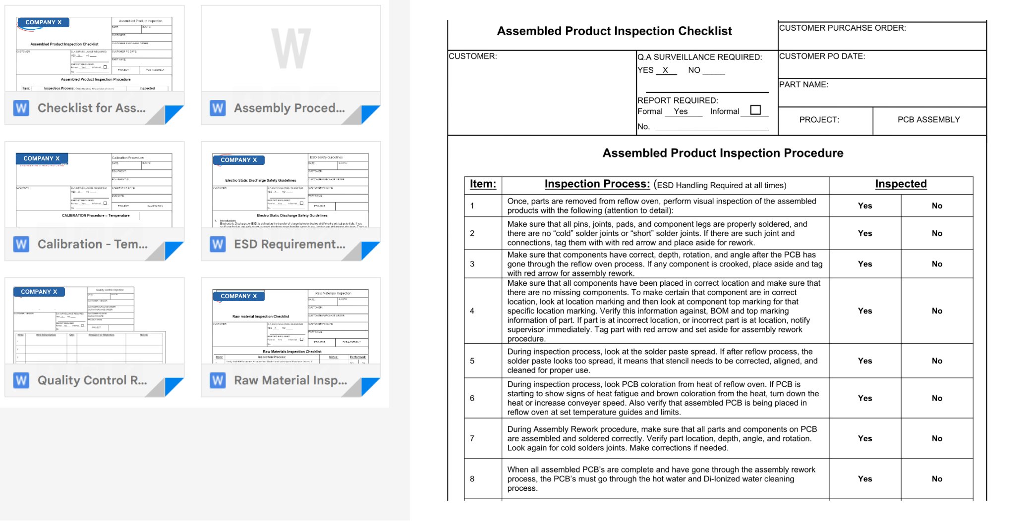 Samples of the documents that kept records of each step of the manufacturing process at this company. 