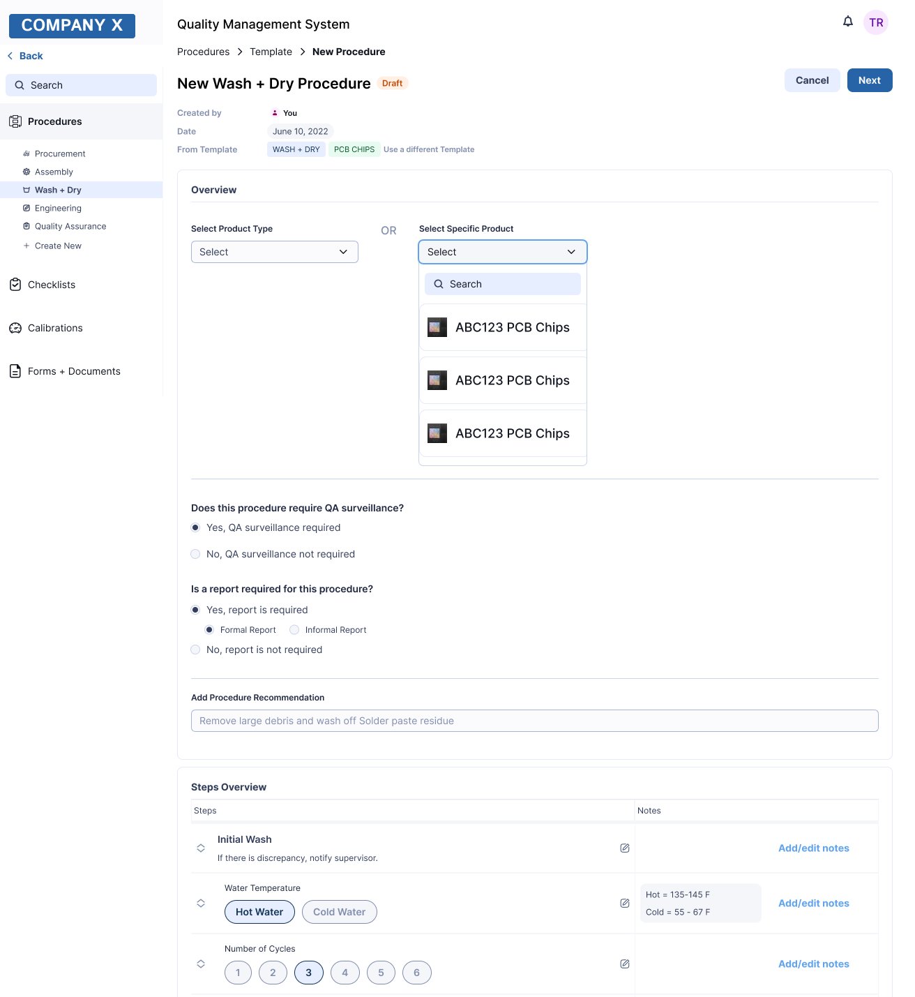 Procedures could be created from a basic template, and then assigned to a specific product. That way when a Product is added to a work order, the specific Procedures belonging to it would be loaded as well. 